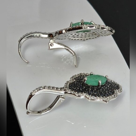 925 Sterling Silver Earrings with Natural Emerald 9x7mm & Blk Spinel Gems - Picture 7 of 8